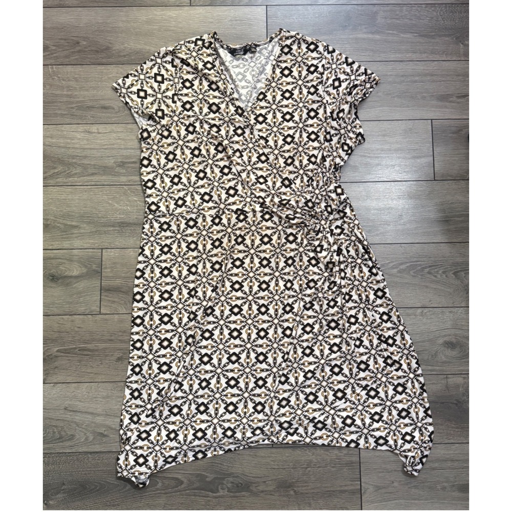 Alfani Womens Geometric Chain Link Wrap Dress Black Gold White Short Sleeve